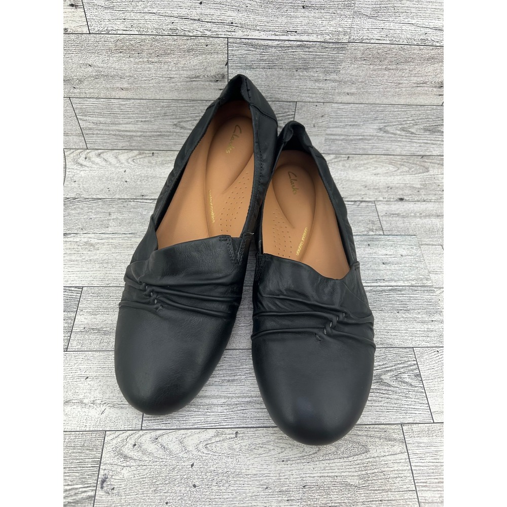 Clarks Sara Orchid Black Leather Pleated Ballet Flats Women Sz 9M 261688164065